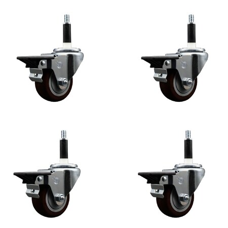 Service Caster 3'' Maroon Poly Swivel 3/4'' Expanding Stem Caster Set with Brake, 4PK SCC-EX20S314-PPUB-MRN-PLB-34-4